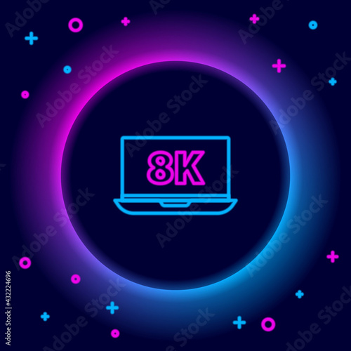 Glowing neon line Laptop screen with 8k video technology icon isolated on black background. Colorful outline concept. Vector