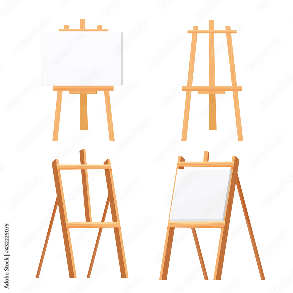 Wooden easel empty blank paper mock up in cartoon style isolated on vector white illustration. Artist equipment, advertising board, set. Wooden easel empty blank paper mock up in cartoon style isolated on vector white illustration. Artist equipment, advertising board, set.