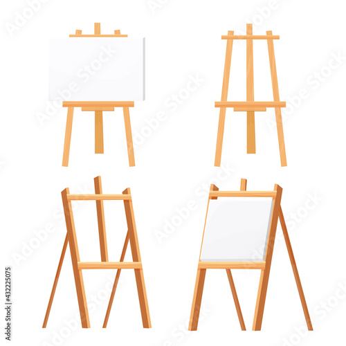 Wooden easel empty blank paper mock up in cartoon style isolated on vector white illustration. Artist equipment, advertising board, set.