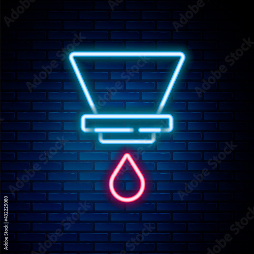 Glowing neon line V60 coffee maker icon isolated on brick wall background. Colorful outline concept. Vector