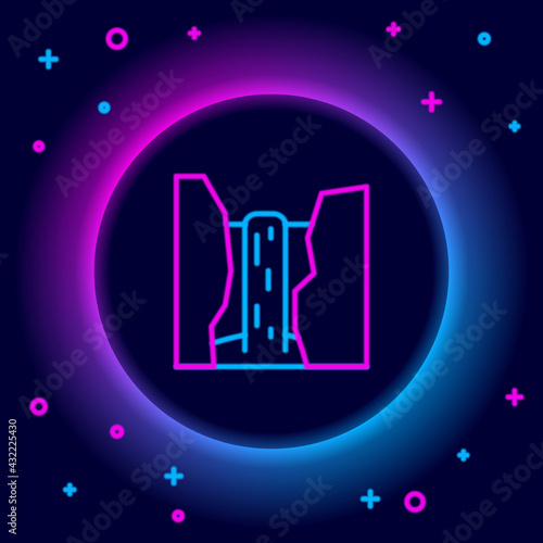 Glowing neon line Algar waterfall icon isolated on black background. Region Alicante. Spain. Colorful outline concept. Vector