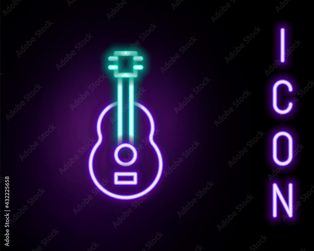Glowing neon line Spanish guitar icon isolated on black background. Acoustic guitar. String musical instrument. Colorful outline concept. Vector Glowing neon line Spanish guitar icon isolated on black background. Acoustic guitar. String musical instrument. Colorful outline concept. Vector
