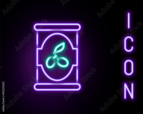 Glowing neon line Olives in can icon isolated on black background. Concept of canned food. Colorful outline concept. Vector