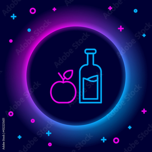 Glowing neon line Apple cider bottle icon isolated on black background. Beverage glass bottle. Colorful outline concept. Vector