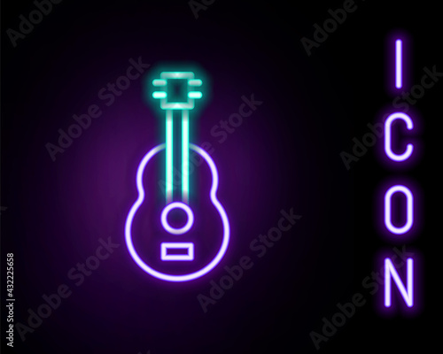 Glowing neon line Spanish guitar icon isolated on black background. Acoustic guitar. String musical instrument. Colorful outline concept. Vector