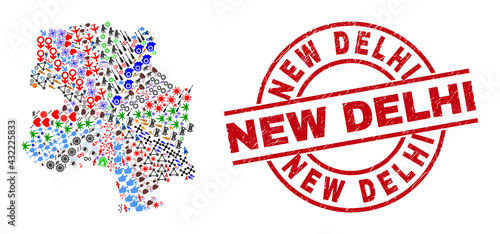 New Delhi City map mosaic and scratched New Delhi red round stamp. New Delhi stamp uses vector lines and arcs. New Delhi City map collage contains gears, houses, lamps, bugs, people, and more icons.