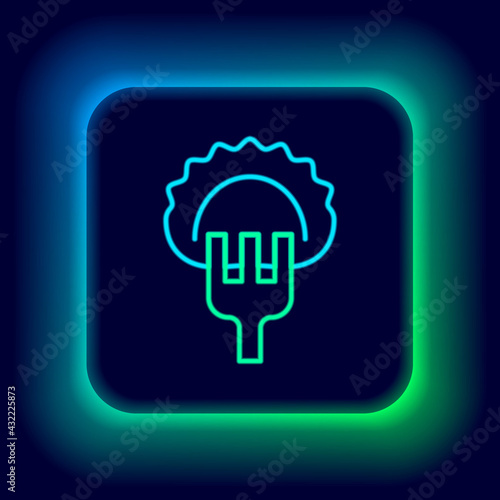 Glowing neon line Dumplings on fork icon isolated on black background. Pierogi, varenyky, pelmeni, ravioli. Traditional Ukrainian food. Colorful outline concept. Vector