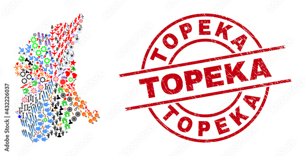 Lubusz Voivodeship map mosaic and dirty Topeka red circle stamp seal. Topeka stamp uses vector lines and arcs. Lubusz Voivodeship map mosaic includes gears, houses, screwdrivers, bugs, stars, Lubusz Voivodeship map mosaic and dirty Topeka red circle stamp seal. Topeka stamp uses vector lines and arcs. Lubusz Voivodeship map mosaic includes gears, houses, screwdrivers, bugs, stars,