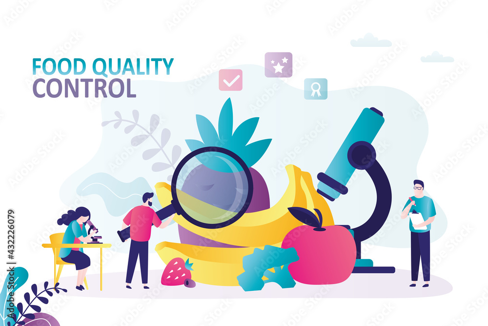 Group of biochemists check quality of products. Man with magnifying glass checks composition of fruit Group of biochemists check quality of products. Man with magnifying glass checks composition of fruit
