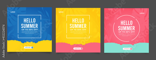 Colorful summer banner set with tropical leaves.
