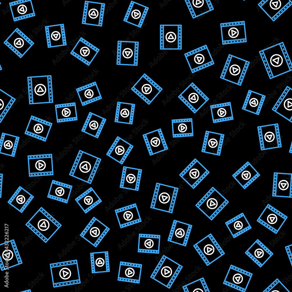 Line Online play video icon isolated seamless pattern on black background. Film strip with play sign. Vector Line Online play video icon isolated seamless pattern on black background. Film strip with play sign. Vector