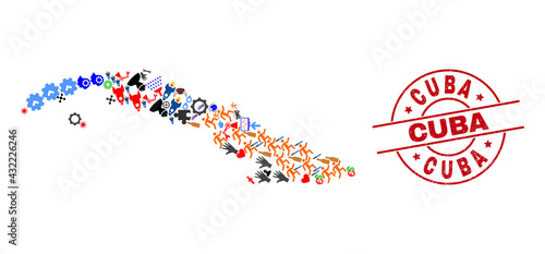 Cuba map collage and scratched Cuba red round stamp imitation. Cuba stamp uses vector lines and arcs. Cuba map mosaic includes markers, houses, showers, bugs, hands, and more pictograms.