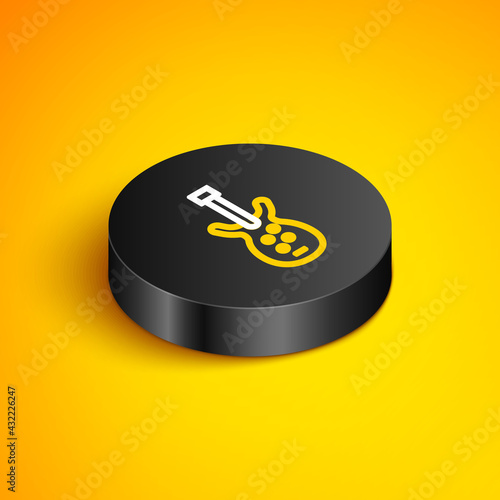 Isometric line Electric bass guitar icon isolated on yellow background. Black circle button. Vector