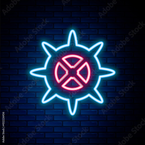 Glowing neon line Bicycle sprocket crank icon isolated on brick wall background. Colorful outline concept. Vector
