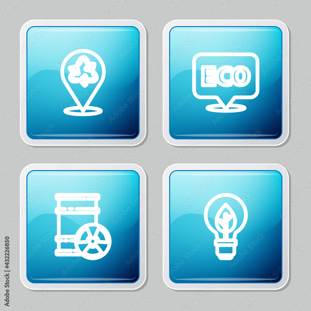 Set line Recycle, Label for eco healthy food, Radioactive waste in barrel and Light bulb with leaf icon. Vector Set line Recycle, Label for eco healthy food, Radioactive waste in barrel and Light bulb with leaf icon. Vector