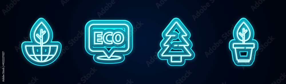Set line Earth globe and plant, Label for eco healthy food, Christmas tree and Plant in pot. Glowing neon icon. Vector Set line Earth globe and plant, Label for eco healthy food, Christmas tree and Plant in pot. Glowing neon icon. Vector