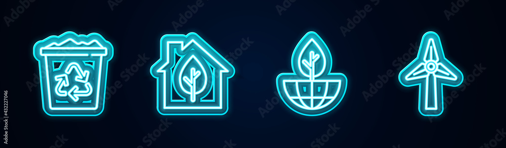 Set line Recycle bin with recycle, Eco friendly house, Earth globe and plant and Wind turbine. Glowing neon icon. Vector