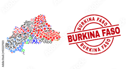 Burkina Faso map mosaic and grunge Burkina Faso red round stamp seal. Burkina Faso stamp uses vector lines and arcs. Burkina Faso map mosaic contains gears, homes, showers, bugs, men,