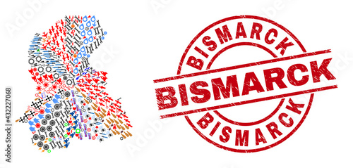 Sindh Province map mosaic and grunge Bismarck red circle badge. Bismarck badge uses vector lines and arcs. Sindh Province map mosaic contains helmets, houses, wrenches, suns, wine glasses,