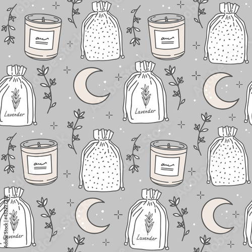 Scented candle, bags of aroma herbs, lavender, moon, stars, sprigs, dots. Healthy sleep, relaxation, aromatherapy. Herbal tea, essential oil. Vector seamless pattern in sketch style, outline drawing.