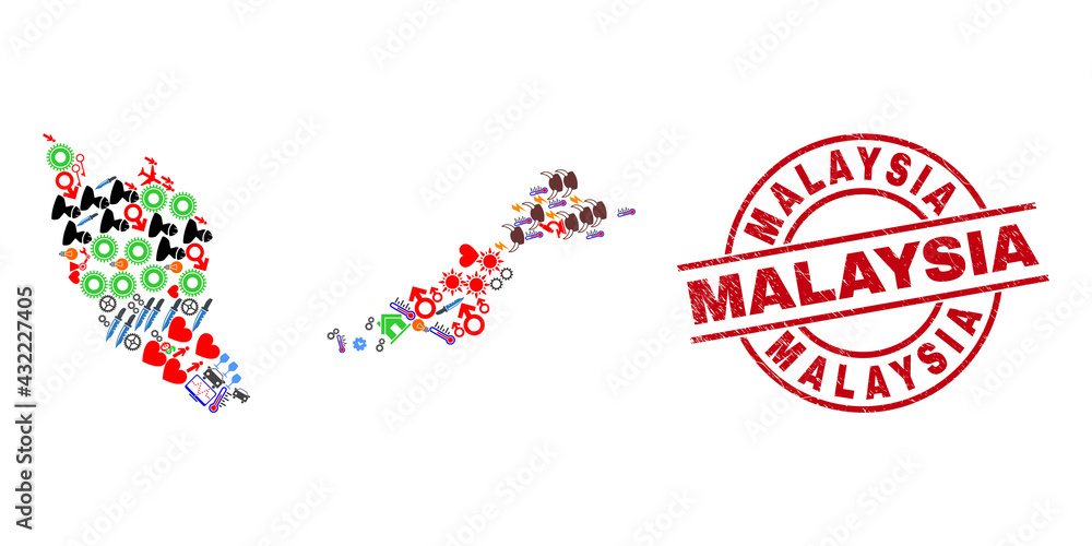 Malaysia map collage and scratched Malaysia red round seal. Malaysia stamp uses vector lines and arcs. Malaysia map collage includes gears, homes, showers, bugs, hands, and more icons.