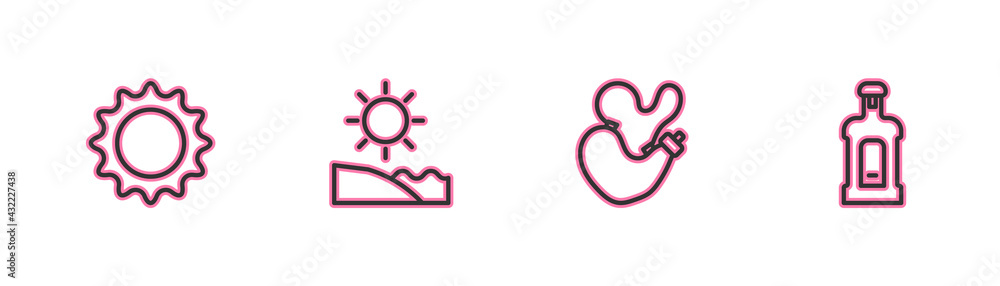 Set line Sun, Spanish wineskin, Beach and Orujo icon. Vector Set line Sun, Spanish wineskin, Beach and Orujo icon. Vector