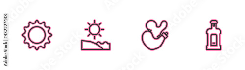 Set line Sun, Spanish wineskin, Beach and Orujo icon. Vector