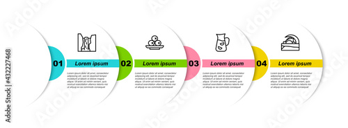 Set line Algar waterfall, Olives on plate, Sangria and Concert hall de Tenerife. Business infographic template. Vector