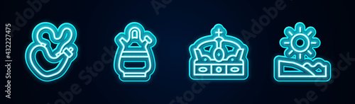 Set line Spanish wineskin, Sangria pitcher, Crown of spain and Beach. Glowing neon icon. Vector