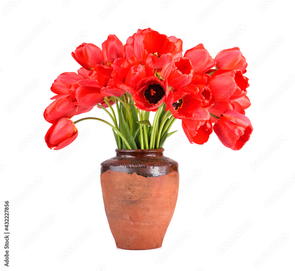 Vintage jug with red tulips