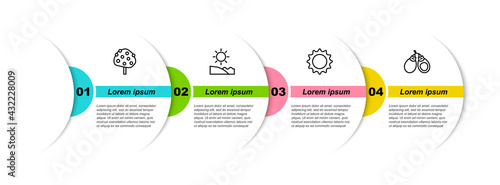 Set line Orange tree, Beach, Sun and Castanets. Business infographic template. Vector