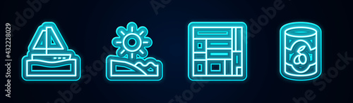 Set line Yacht sailboat, Beach, House Edificio Mirador and Olives in can. Glowing neon icon. Vector