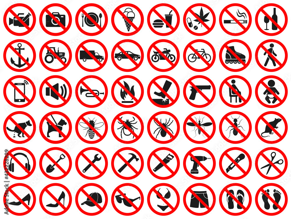 Red prohibition signs. Collection of vector icons forbidden dangerous actions: smoking, alcohol, food and drink, do not take drugs. Prohibition of movement in vehicles, use tools and other signs. Red prohibition signs. Collection of vector icons forbidden dangerous actions: smoking, alcohol, food and drink, do not take drugs. Prohibition of movement in vehicles, use tools and other signs.