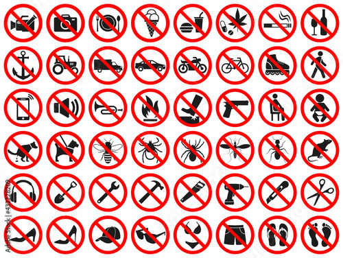 Red prohibition signs. Collection of vector icons forbidden dangerous actions: smoking, alcohol, food and drink, do not take drugs. Prohibition of movement in vehicles, use tools and other signs. photo