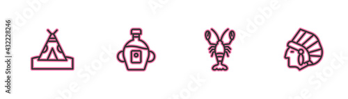 Set line Indian teepee or wigwam, Lobster, Maple syrup and Native American icon. Vector
