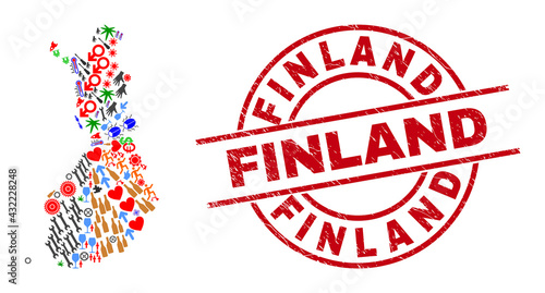 Finland map mosaic and distress Finland red round stamp seal. Finland badge uses vector lines and arcs. Finland map mosaic contains helmets, houses, showers, suns, people, and more pictograms.