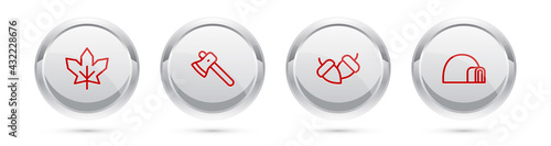 Set line Canadian maple leaf, Wooden axe, Acorn and Igloo ice house. Silver circle button. Vector