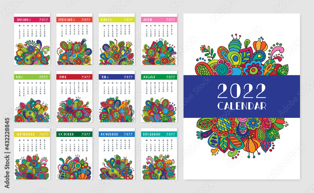 Calendar 2022. Set of 12 months. Wall monthly calendar template with floral elements