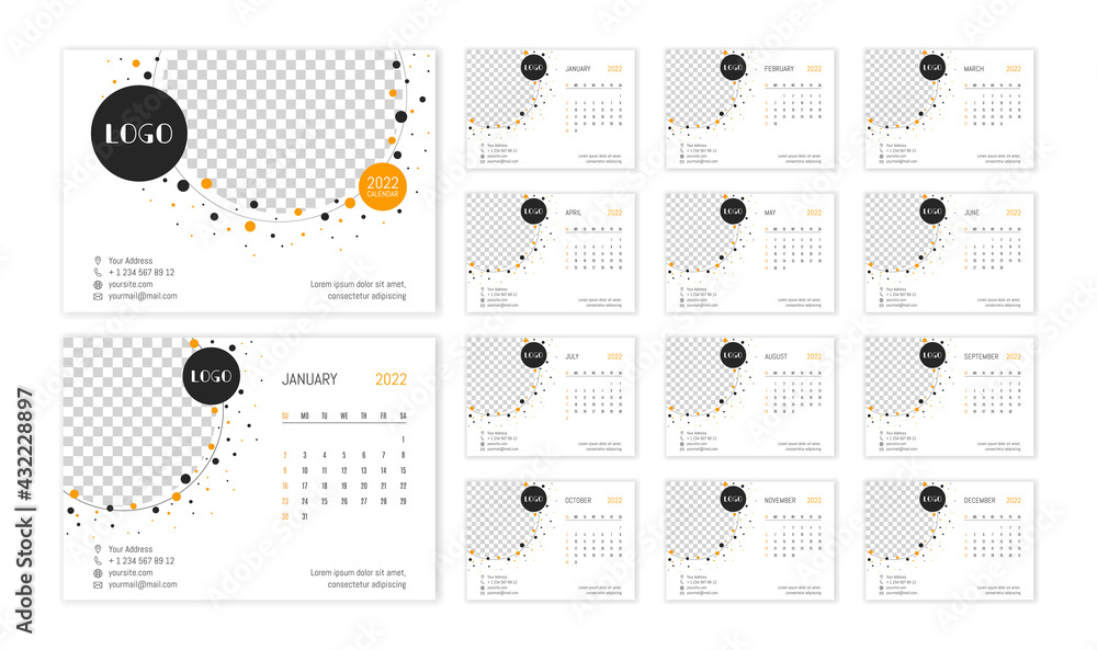 Desk calendar 2022 template. Week starts on Sunday. Design with place