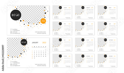 Desk calendar 2022 template. Week starts on Sunday. Design with place for photo and company logo