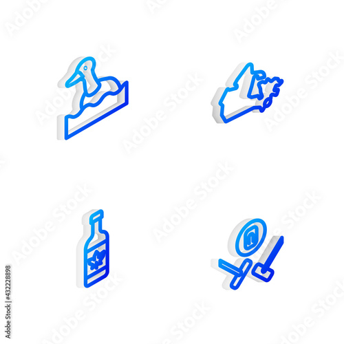 Set Isometric line Canada map, Flying duck, Beer bottle and Curling sport game icon. Vector