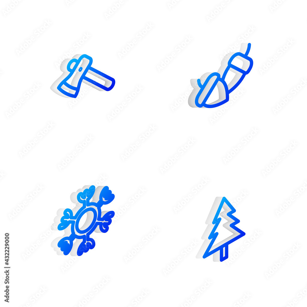 Set Isometric line Acorn, Wooden axe, Snowflake and Christmas tree icon. Vector Set Isometric line Acorn, Wooden axe, Snowflake and Christmas tree icon. Vector