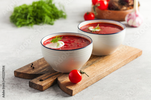 Two bread slices with salted pork bacon or lard, traditional snacks to Ukrainian borscht photo