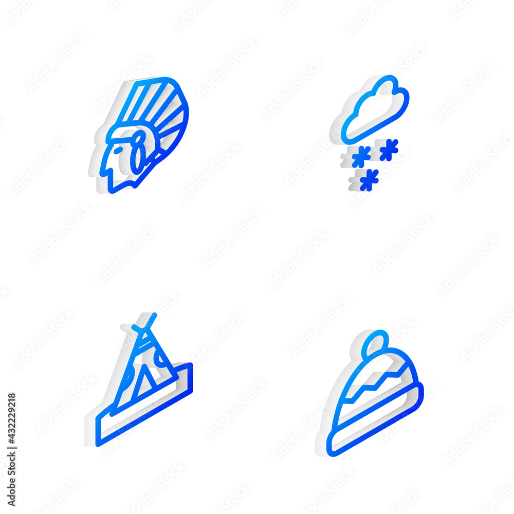 Fototapeta premium Set Isometric line Cloud with snow, Native American Indian, teepee or wigwam and Beanie hat icon. Vector