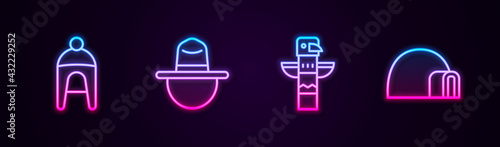 Set line Winter hat, Canadian ranger, totem pole and Igloo ice house. Glowing neon icon. Vector