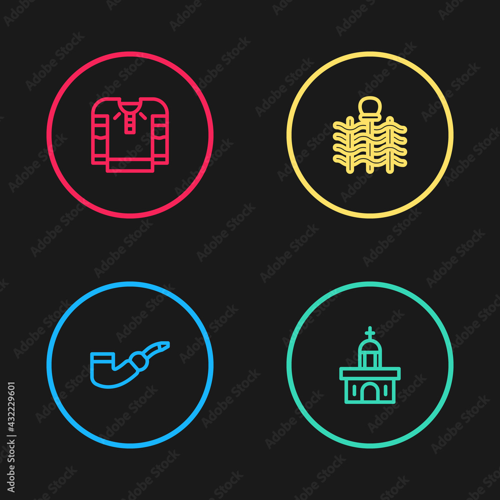 Set line Smoking pipe, Church building, Wicker fence and Embroidered shirt icon. Vector