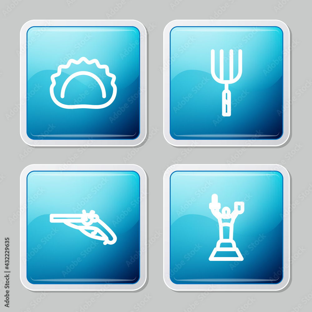 Fototapeta premium Set line Dumplings, Garden pitchfork, Vintage pistols and Mother Motherland monument icon. Vector