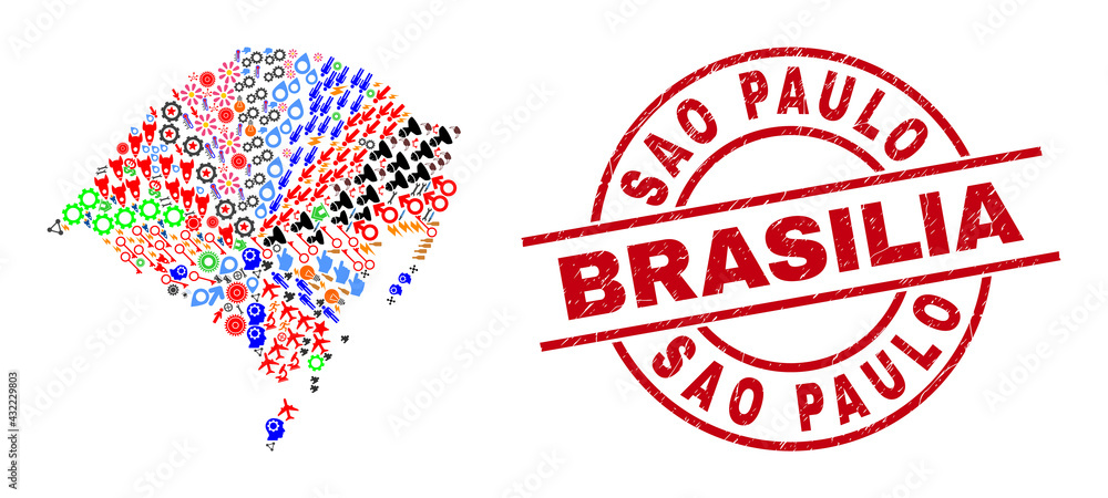 Rio Grande do Sul State map collage and dirty Sao Paulo Brasilia red circle badge. Sao Paulo Brasilia stamp uses vector lines and arcs. Rio Grande do Sul State map collage contains helmets, houses, Rio Grande do Sul State map collage and dirty Sao Paulo Brasilia red circle badge. Sao Paulo Brasilia stamp uses vector lines and arcs. Rio Grande do Sul State map collage contains helmets, houses,