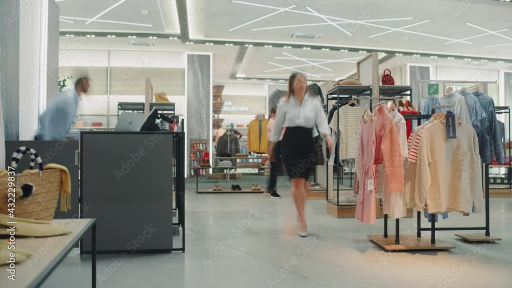 Time-Lapse in Clothing Store. Diverse Group of Costumers bying Clothes and Merchandise at Checkout Cashier Counter. Retail Fashion Shop Assistant Services Clients, Selling Designer Brands to People