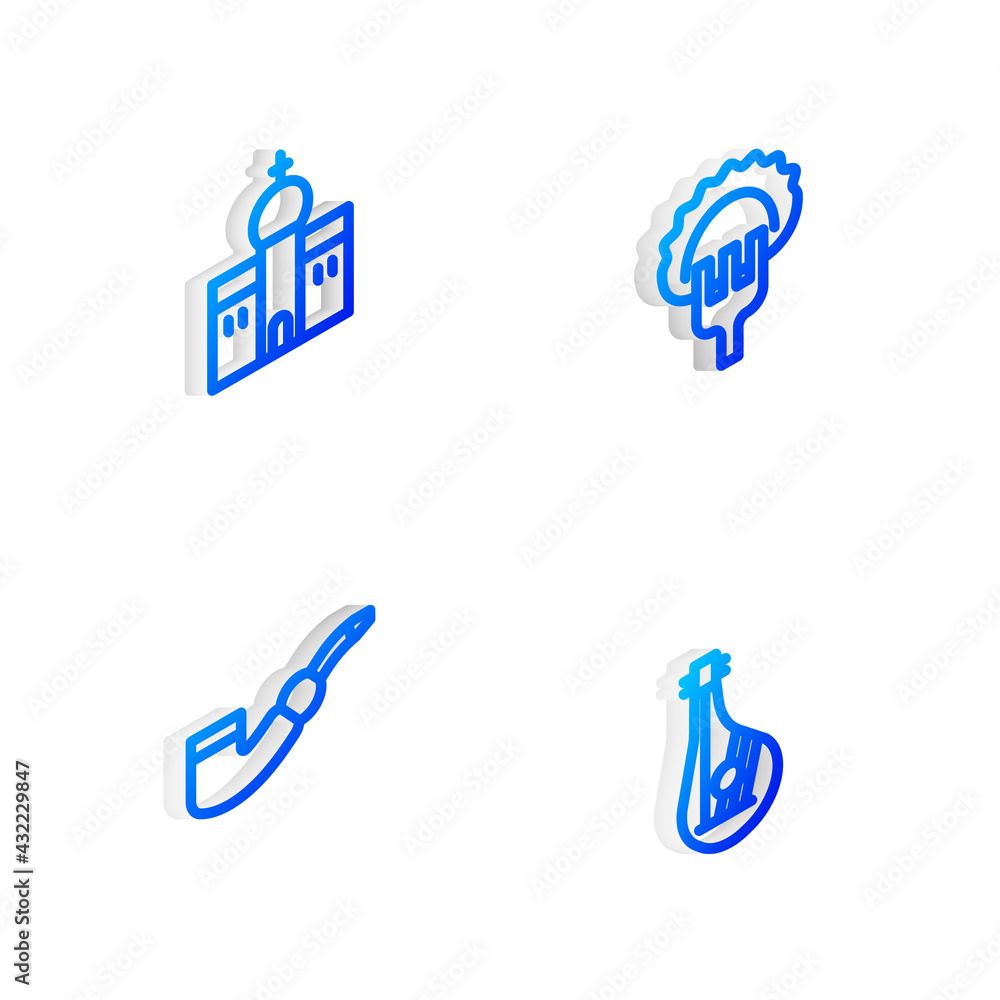 Set Isometric line Dumplings on fork, Church building, Smoking pipe and Bandura icon. Vector Set Isometric line Dumplings on fork, Church building, Smoking pipe and Bandura icon. Vector
